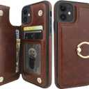 ONETOP for iPhone 11 Wallet Case with Card Holder, 360 Rotation Ring Kickstand RFID Blocking PU Leather Double Magnetic Clasp Shockproof Cover for Women and Girls 6.1 Inch (Brown)