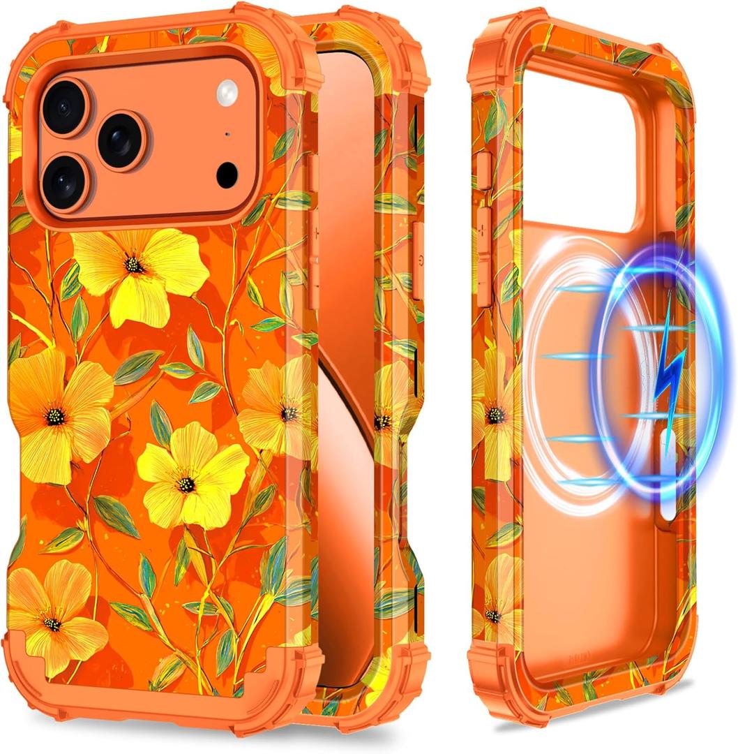 Hekodonk for iPhone 17 Pro Max Case Magnetic,[Compatible with MagSafe] Floral Three Layer Heavy Duty Drop Shockproof Full Protective Women Girls Case for Apple iPhone 17 Pro Max 6.9 inch,Orange/Yellow