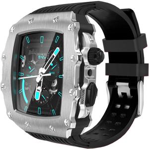 for Apple Watch Band 45mm 44mm Metal Shockproof Case, Men's Raised Bumper Cover with Screen Protector for iWatch Series 9/8/7 45mm SE2/6/SE/5/4 44mm (45mm/44mm, Silver/Black)