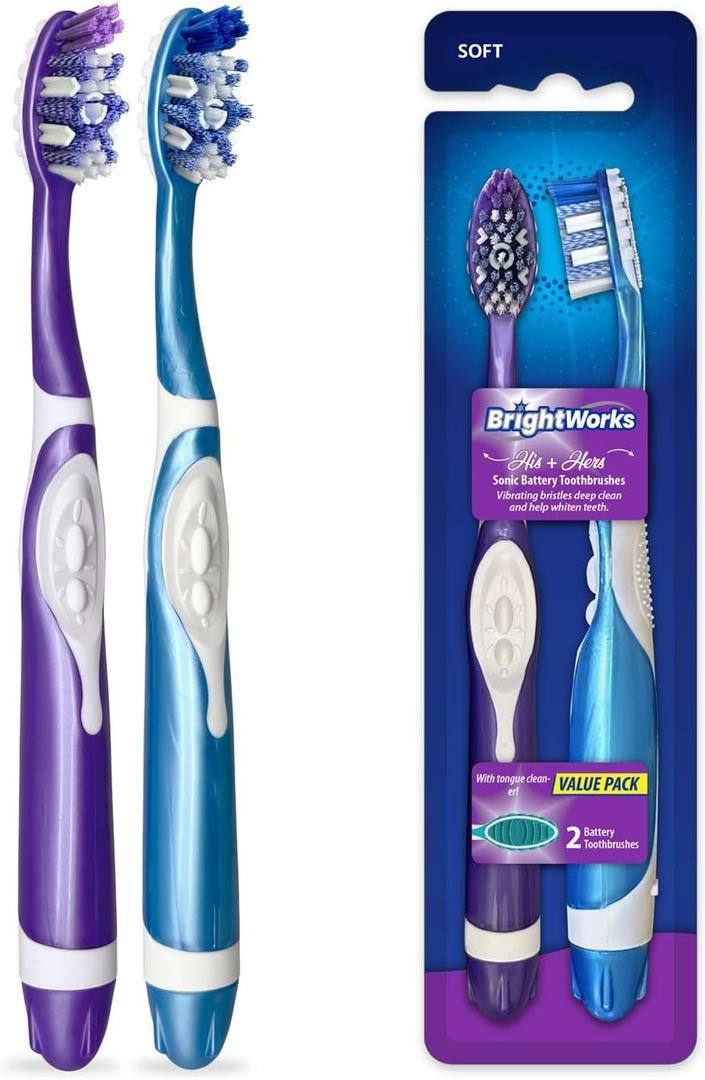 Sonic Battery Powered Toothbrush (2-Pack) (Blue/Purple) Soft Multi-Level Bristles for Whole Mouth, Vibrating Bristles Deep Clean, with Whitening Pads and Tongue Cleaner