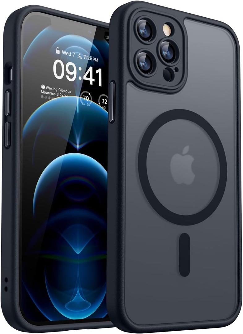 CANSHN Magnetic Compatible with iPhone 12 Pro Max Case, Upgraded [Full Camera Protection] [Compatible with Magsafe] [Translucent Matte] Shockproof Protective Phone Cover 6.7 Inch - Black