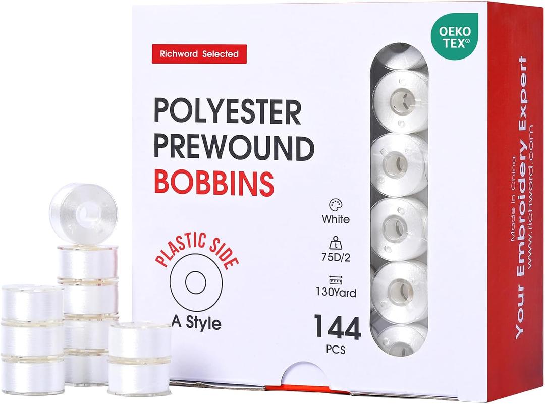 Poolin Prewound Bobbins Richword Selected 144pcs, Size A (Class 15 / SA156), 75D Polyester Bobbin Thread, Plastic Sided, for Single Needle Embroidery & Sewing Machines, White