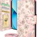 Buleens for iPhone 13 ProMax Wallet Case for Women  with Card Holder for iPhone 13 ProMax Flip Case Leather Crossbody Cute Aesthetic i Phone 13ProMax Case with Strap for Girls Girly, PK Line Flower