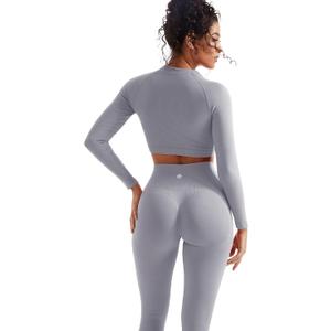 SUUKSESS Women 2 Piece Workout Sets Hidden Scrunch Hip Lifting Seamless Leggings Long Sleeve Yoga Crop Tops (Medium, Washed Blue)