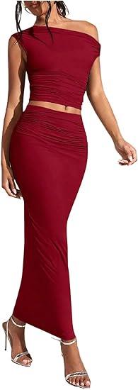 WDIRARA Women's Solid Asymmetrical Neck Two Piece Set One Shoulder Bodycon Maxi Skirt Set, Large