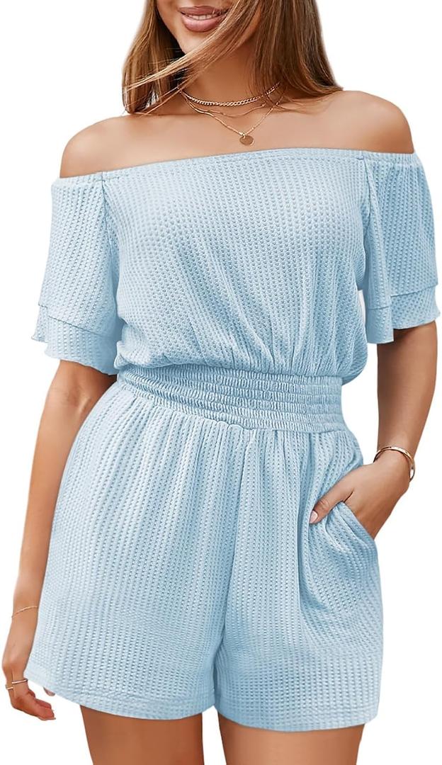 Fixmatti Womens Off The Shoulder Romper Short Sleeve Smocked Waist Mini Jumpsuit with pockets (S)
