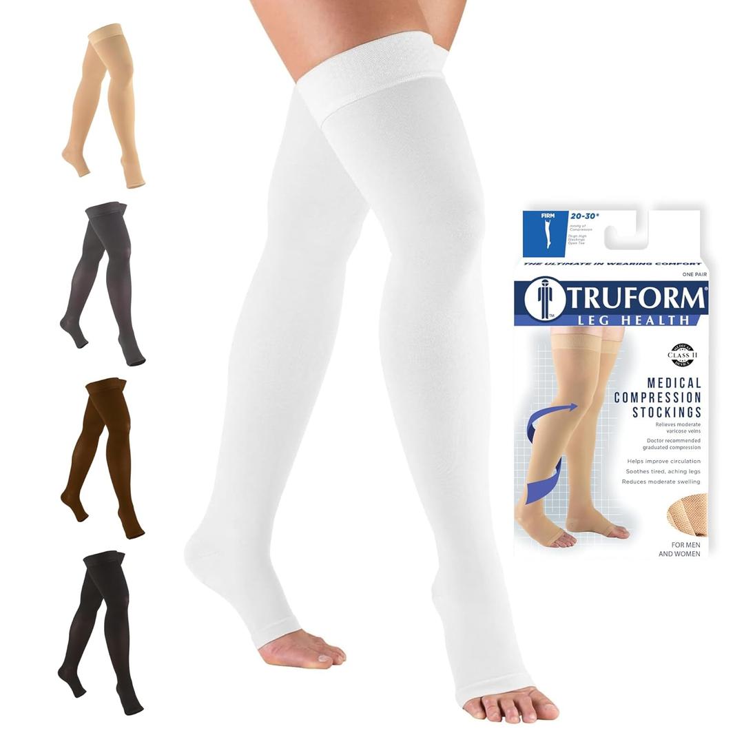 Truform 20-30 mmHg Compression Stockings for Men and Women, Thigh High Length, Dot-Top, Open Toe, White, Small