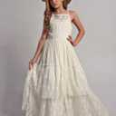 BIBIHOU Girls Kids Lace Back Full-Length Backless Tulle Party Holiday Formal Flower Girl Dress (Beige, M)