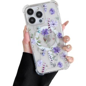 DEFBSC Magnetic Case for iPhone 14 Pro Max Work with Magsafe, Clear Floral Flower Pattern Print Design Flexible Acrylic Shockproof Cover for Women Girls, Flower Protective Phone Case, Purple Cosmos