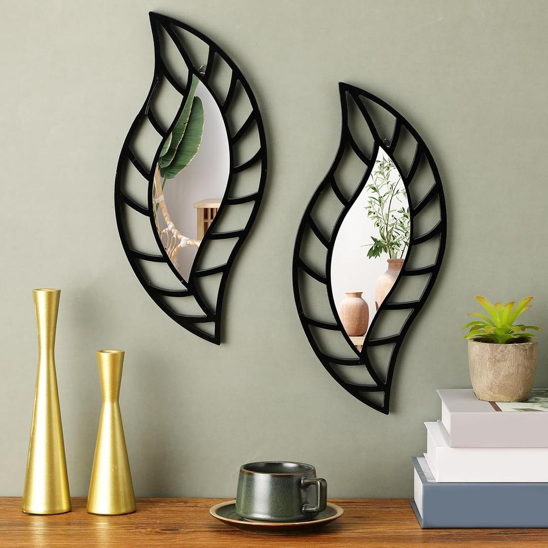 Roowest 2 Pcs Decorative Mirror Wall Decor Leaf Teardrop Mirror Wall Mounted Decorations for Living Room Bedroom Bathroom Vanity Entryway Office(Black)
