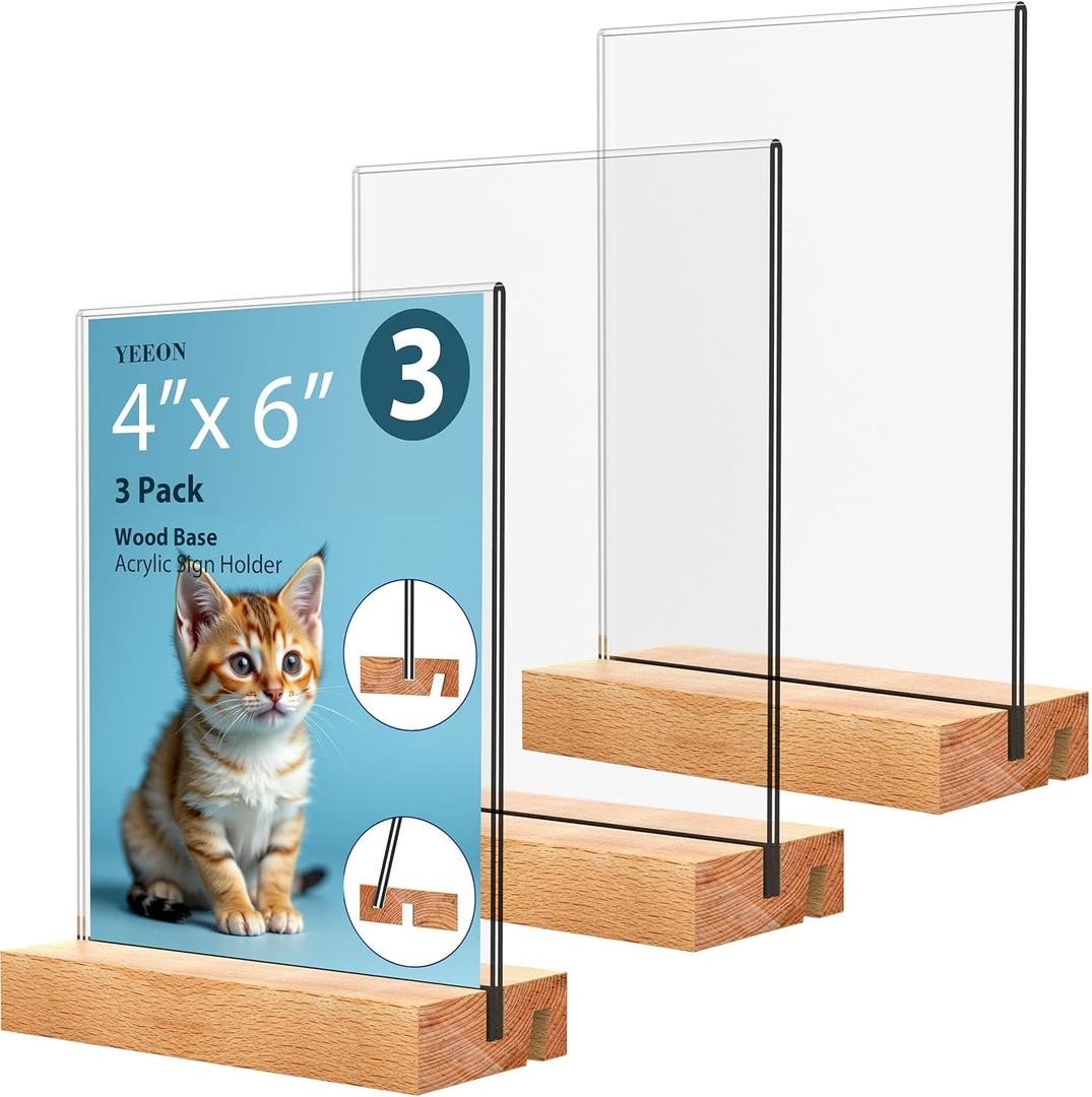 4x6 Inch 3 Pack Acrylic Sign Holder with Wooden Base, Desktop Display Stand (4x6 3Pack)