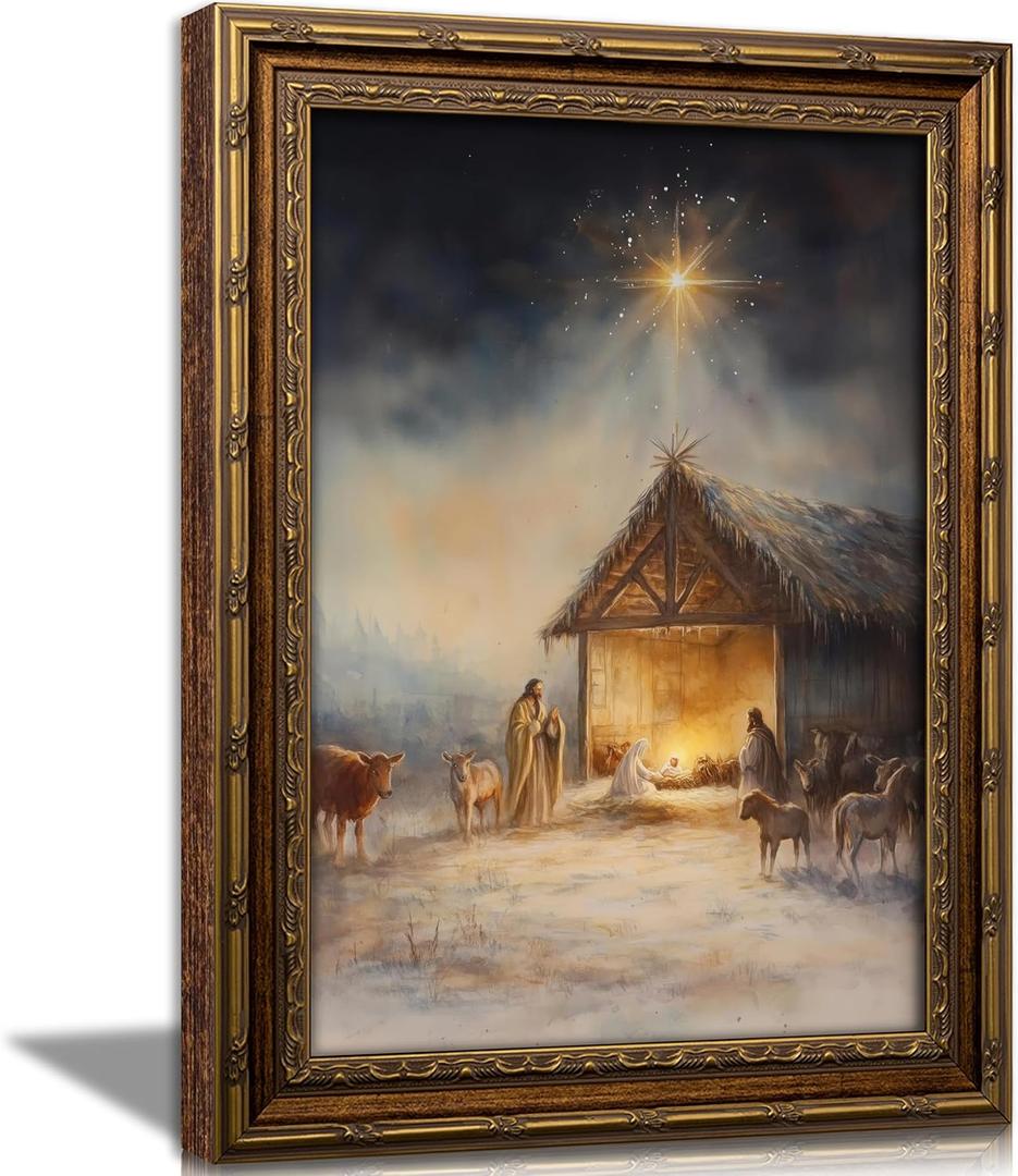 Vintage Nativity Scene Gold Framed Wall Art Birth of Jesus Christmas Christian Painting Canvas Prints Mary Joseph Holy Family Picture Star of Bethlehem Poster Artwork for Church Prayer Room, 16x24in