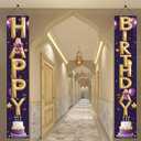 2PCS Happy Birthday Hanging Banner Porch Sign Purple Gold Balloon Letter Birthday Party Supplies Decorations Door Wall for Girls Women Adults Kids Children Classroom 71 x 12 Inch