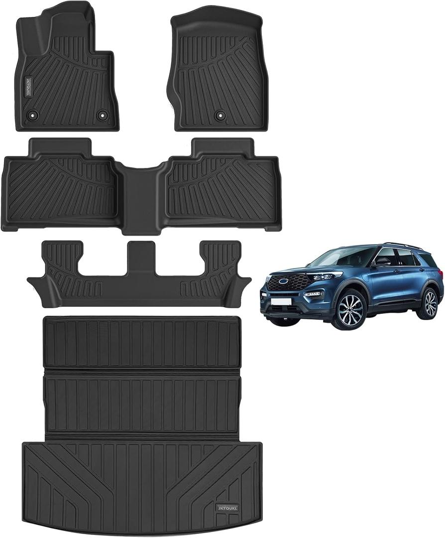 Floor Mats & Big Cargo Liners Compatible for Ford Explorer 2020-2024 Version. All Weather 3 Rows Anti-Slip TPE Mat-Black. (7-Seats)