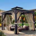 12'X12' Hardtop Gazebo, Galvanized Steel Aluminum Frame with Double Roof, Heavy-Duty Outdoor Patio Gazebo with Curtains & Netting for Backyard, Deck, Porch, Garden, Lawn, Khaki