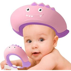 Baby Shower Cap Shield, Shower Cap for Kids, Visor Hat for Eye and Ear Protection for 0-9 Years Old Children,Cute Dinosaur shape Makes the Baby Bath More Fun (Pink)