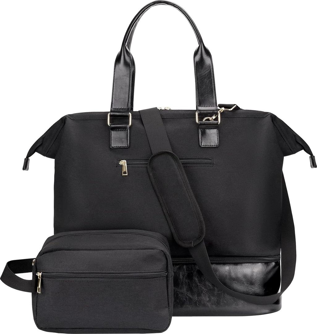 Weekender Bag with Shoe Compartment Travel Tote Overnight Bag, Black (Personal Item - 17 Inch)