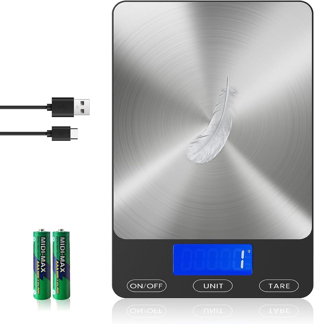 Food Scale -33 Lb Digital Kitchen Scale For Food Ounces Grams Rechargeable 305 Stainless Steel, Batteries And Type-C Charging | Perfect For Meal Prep, Cooking, And Baking, Black (Large)