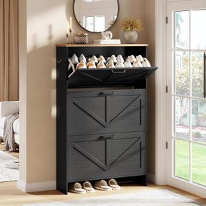 Shaker Barn Door Shoe Cabinet - 3 Flip Drawers & 3-Tier Adjustable Shelves, Ultra Slim Freestanding, Modern Rustic Brushed Black Farmhouse Shoe Rack for Entryway, Hallway, Foyer & Mudroom Black
