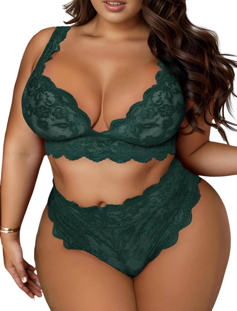 JuicyRose Women Plus Size 2 Piece Lingerie Sexy Floral Lace Scallop Trim Bralette and High Waist Panty Set (Green), 4XL