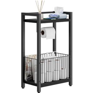 IBUYKE Freestanding Toilet Paper Holder Stand with Storage Shelf,Bathroom Toilet Tissue Roll Dispenser with Extra Space for Rolls, Magazines, Wet Wipes Black TLJ020B