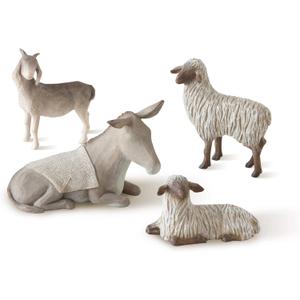 Willow Tree Sheltering Animals for The Holy Family, Giving Watch, Warmth, Protection, Gray-White Standing Goat, Gray Donkey, 2 White Sheep, Sculpted Hand-Painted Nativity Scene Figures, 4-Piece Set