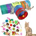32Pcs Cat Toys Kitten Interactive Pet Toys Assortments, Foldable Rainbow Tunnel, Teaser Wand Fluffy Mouse Crinkle Balls Bell Play for Puppy Kitty (3 way)