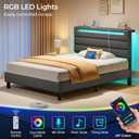 Rolanstar Twin Size Bed Frame, Storage Headboard with Charging Station and LED Lights, Upholstered Bed with Heavy Duty Wood Slats, No Box Spring Needed, Noise Free, Easy Assembly, Grey