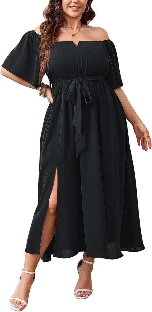 SCOMCHIC Womens Plus Size Formal Maxi Dress Off The Shoulder Wedding Guest Cocktail A-Line Split Long Dress with Pockets, XL