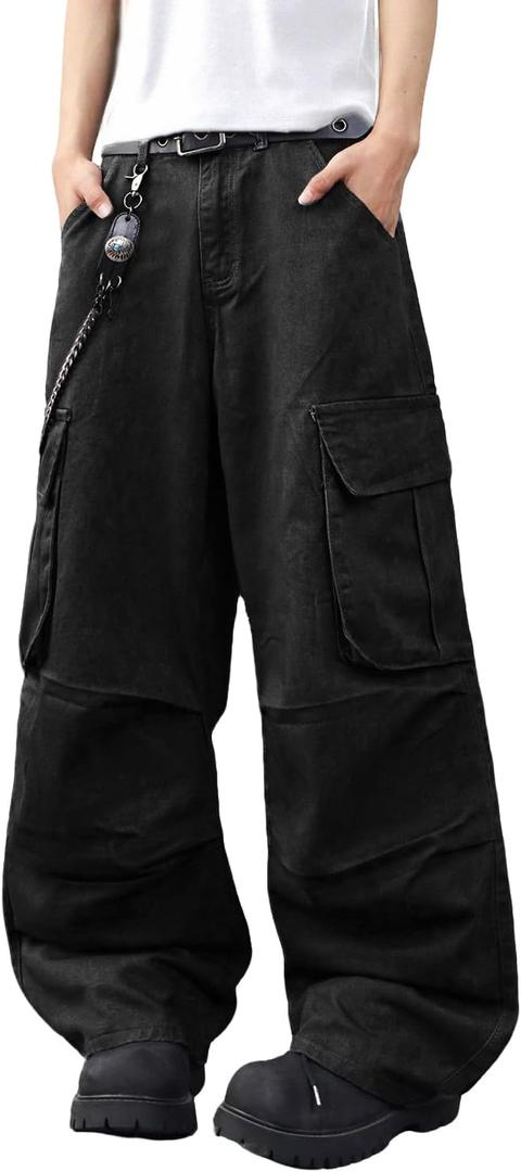 Mens Denim Baggy Pants with Cargo Pockets Mid Weight Casual Streetwear Wide Leg Jeans Hip Hop Skater Trousers (Large, A15 Black)