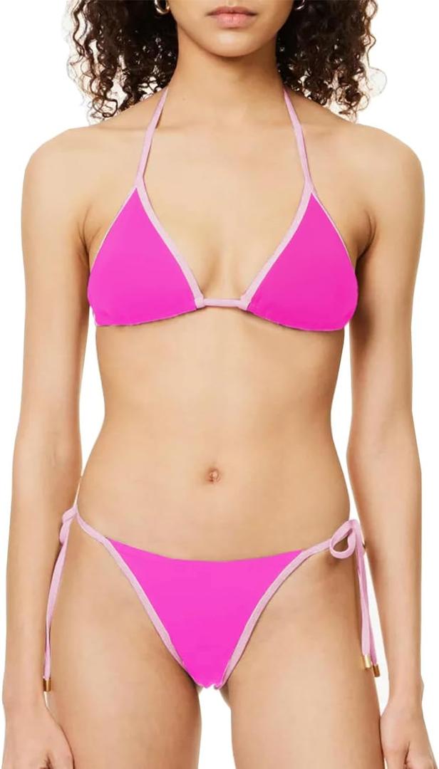 Women Triangle String Bikini Set Color Block Two Piece Brazilian Swimsuit Spaghetti Strap Tie Swimwear (S)