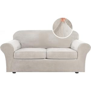 H.VERSAILTEX Real Velvet Plush 3 Piece Stretch Sofa Covers Couch Covers for 2 Cushion Couch Sofa Slipcovers Width Up to 90 Inch Thick Soft Stay in Place (Large Sofa, Oatmeal)