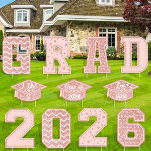 11 PCS Graduation Yard Signs Party Decoration Class of 2026 Pink Grad Congratulate Graduation Lawn Signs with 22 Stakes for Outdoor Graduation Party Supplies (Pink Gold)