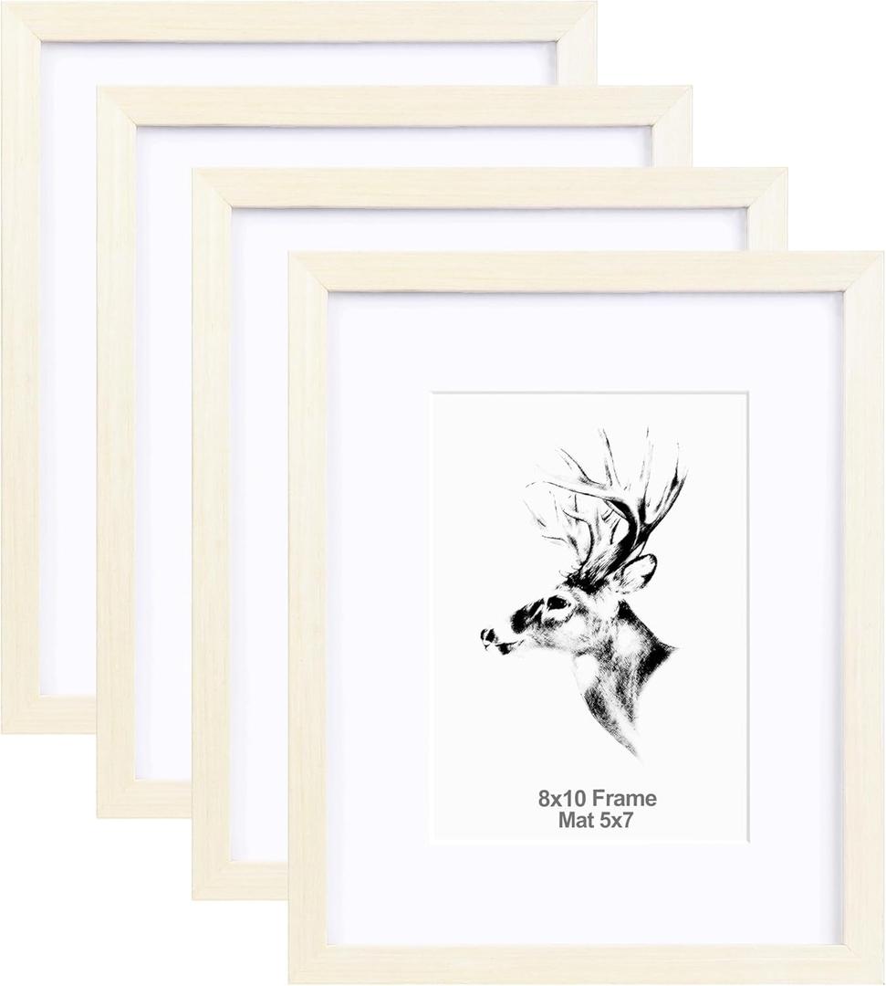 Yaetm 8x10 Picture Frame Set of 4, Off-White, Solid Wood Photo Frames with Tempered Glass, Display 5x7 with Mat or 8 x 10 without Mat for Wall Mount and Tabletop (4 Pack, White)
