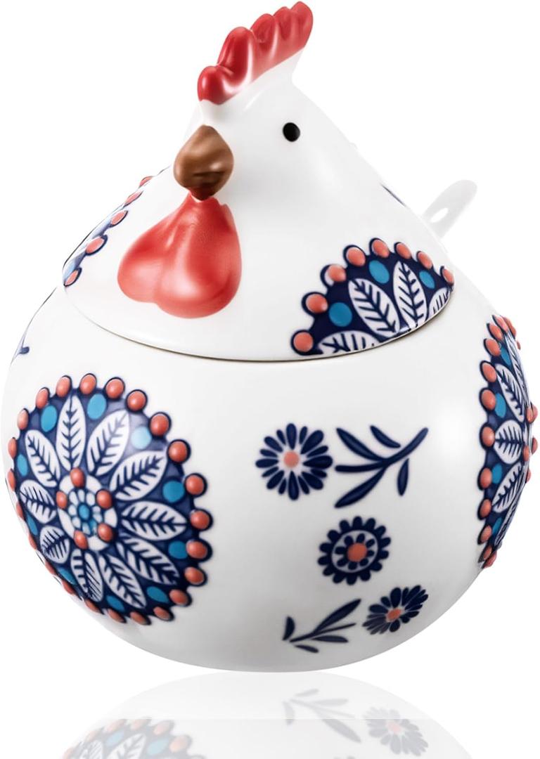 Acellegic Ceramic Salt Cellar with Lid and Spoon, 13oz Large Chicken Salt Jar, Chicken Cookie Jar with Spoon for Counter, Coffee, Sugar, Spices and Candies, Kitchen Christmas Decoration(Blue)