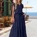 Lepunuo 2 Piece Skirt Sets for Women Flowy Maxi Skirts Cap Sleeve Tops Matching Sets Travel Vacation Outfits with Pockets (Blue, L)