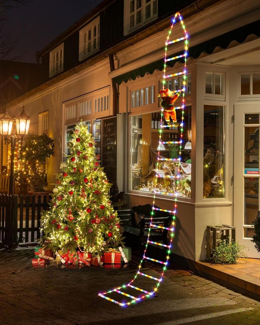 Christmas Decorations LED Ladder Lights with Climbing Santa Claus, 10ft Indoor Christmas Decorative Light - 8 Modes Xmas Lights Tree for Home Holiday Wall Window Xmas Decor (Multicolor)