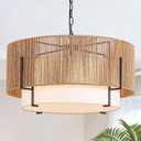 25.6" Large Rattan Chandelier, 6-Light Boho Pendant Light with Fabric Shade, Farmhouse Rattan Hanging Ceiling Light Fixture for Dining Room, Living Room, Kitchen Island, Bedroom, Hallway, Foyer