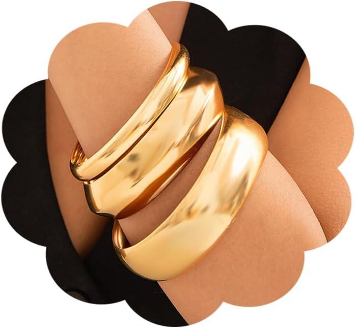 3PCS Chunky Gold Bangle Bracelets Trendy Wide Chunky Cuff Bangles Bracelets Gold Stackable Bracelets Jewelry for Women
