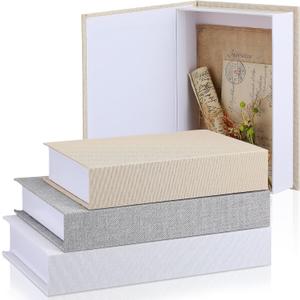 Tioncy 3 Pcs Fake Book Box Neutral Linen Book Box Decorative Faux Prop Storage for Farmhouse Home Decor shelf Table Card Photo DIY Keepsake Gift(Multi Sizes,Rice White, Light Grey and White)