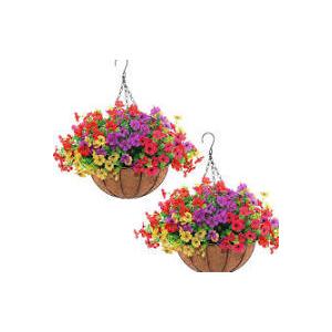 Hananona 2 Set Artificial Outdoor Flowers with Hanging Basket, 2 Hanging Planters with 24 Pcs Flowers for Spring Summer Front Porch Garden Patio Home Decor (2, Red, Purple, Yellow, Rose Red