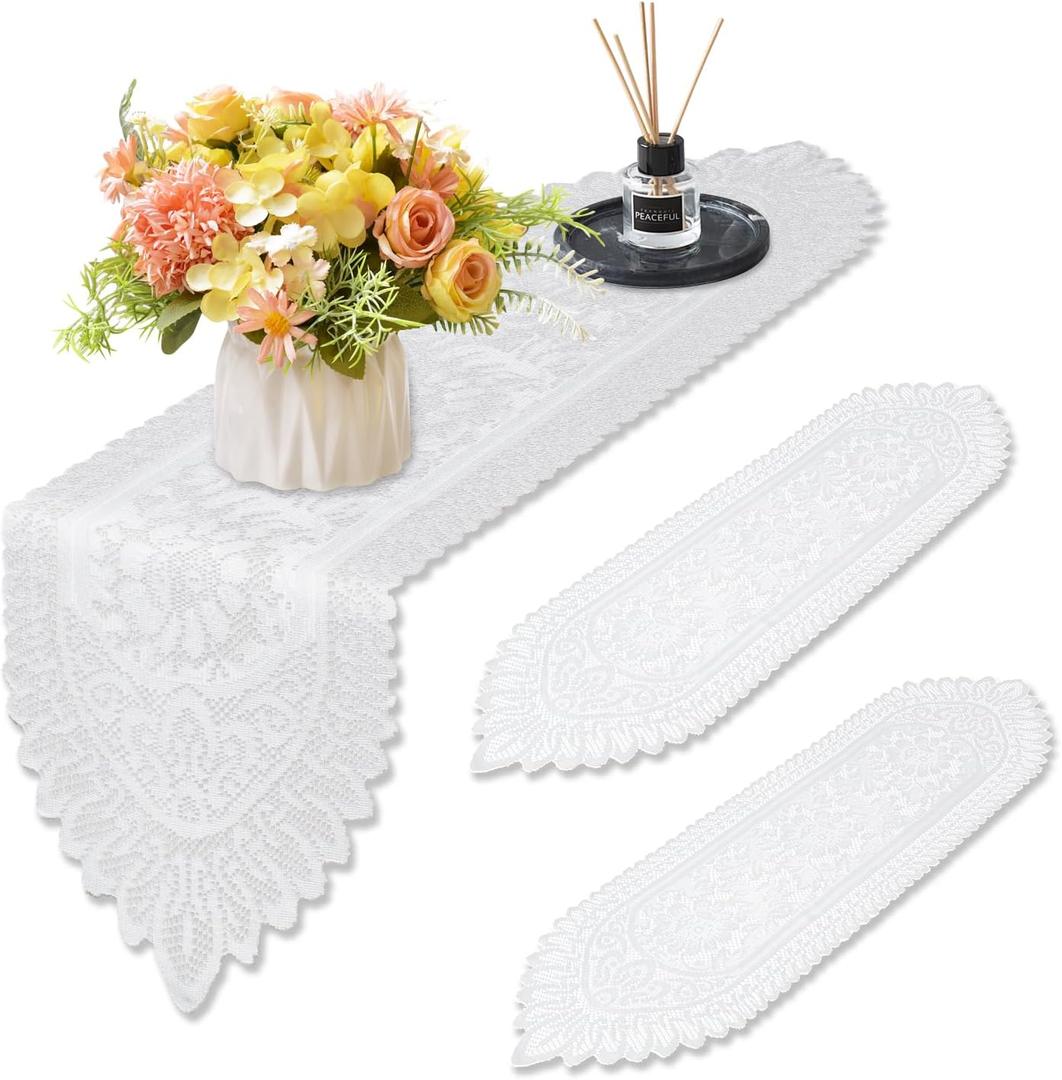Lace Table Runner 3 Pack - 13x44 Inch White Crochet Lace Dresser Scarf, Cotton Rectilinear Table Cover for Dresser, Dining Table, Wedding Party Home Decoration