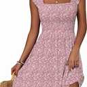 Loemes Summer Casual Cute Floral Flowy Square Neck Sundressses with Pocket Beach Dress for Women (Small, Pink Flower-58)
