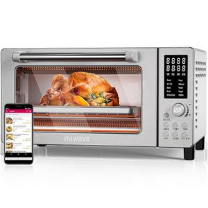 Nuwave Bravo Air Fryer Toaster Smart Oven, 10-in-1 Countertop Convection, 1800 Watts, 21-Qt Capacity, 50-450F Temp Controls, Top and Bottom Heater Adjustments 0%-100%, PFAS Free, Stainless Steel