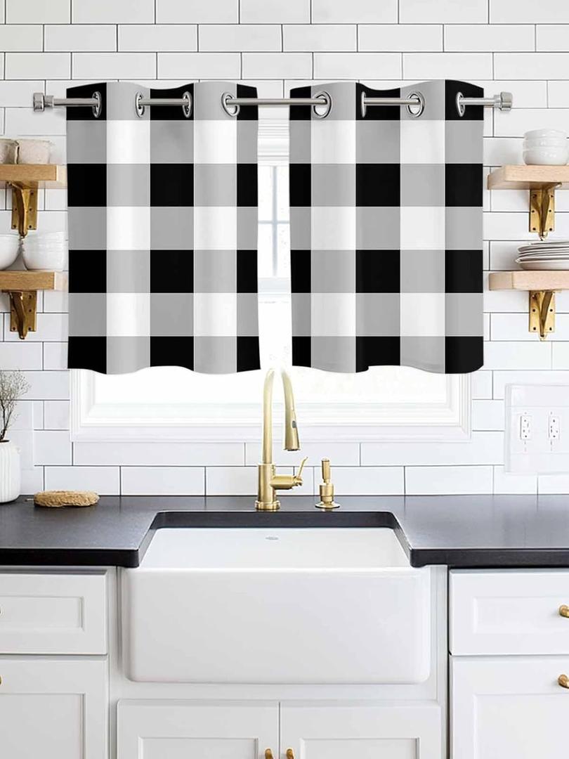 Black White Buffalo Check Blackout Window Curtains 39 Inch Length 2 Panels Set, Rustic Plaid Grommet Top Window Curtain for Living Room/Kitchen, Modern Geometric Thermal Insulated Drapes 27.5x39 In