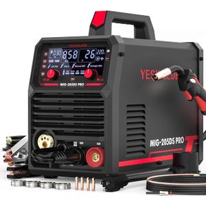 YESWELDER 205A MIG Welder, 110V/220V Dual Voltage, 5 in 1 Gas MIG/Flux Core MIG/Spool Gun MIG/Lift TIG/Stick Multiprocess LED Digital Display Aluminum MIG Welding Machine MIG-205DS PRO, 20 x 16 x 14 inches