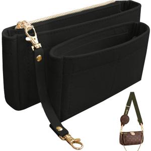 Soyizom Multi Pochette Accessories Purse Organizer Insert for Women,2 Packs Bag Purse Organizer Insert Fits for Pochette Tote Bag Organizer Bag in Bag with Key Chains and Zipper,Black