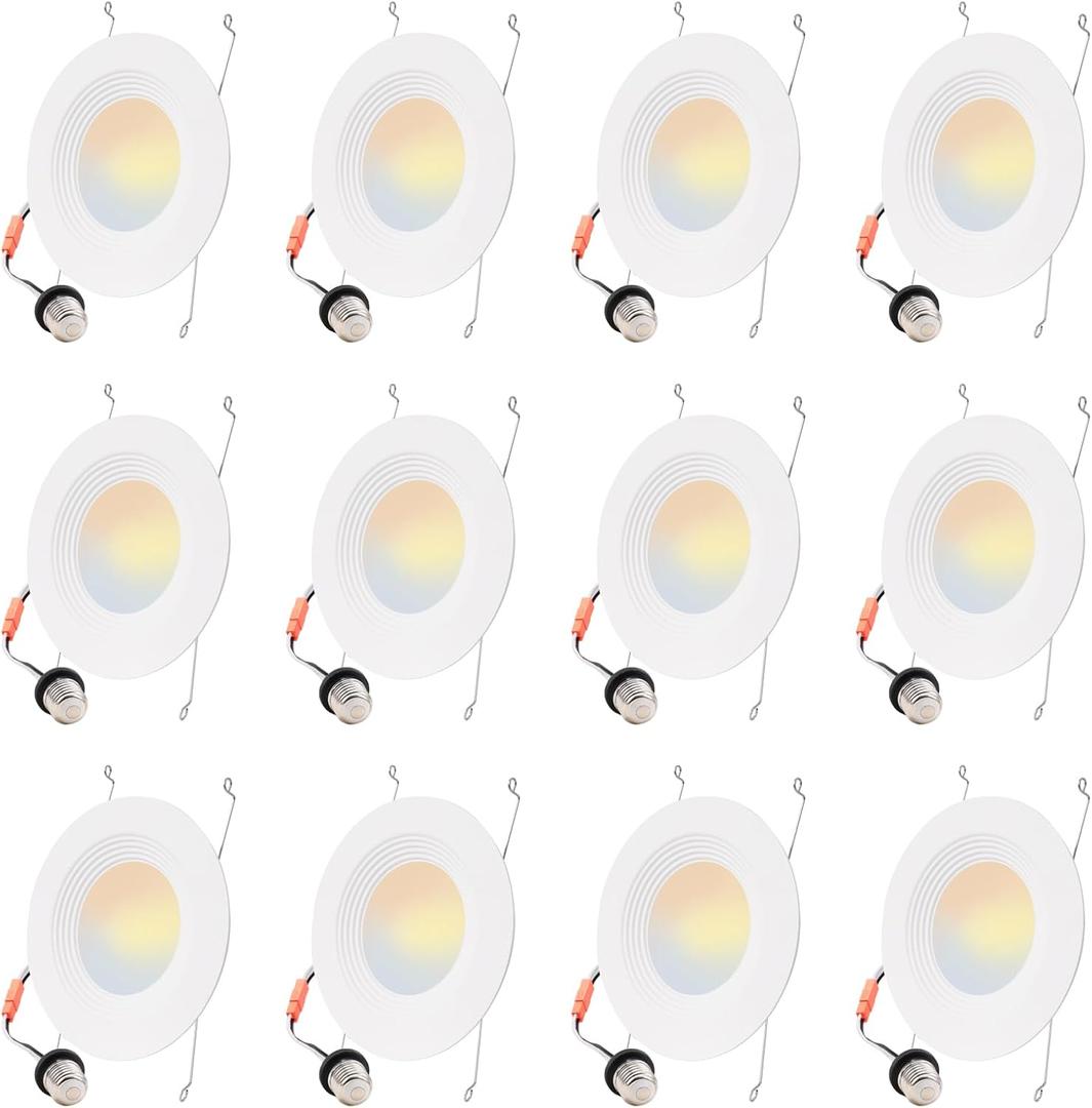 12 Pack 5/6 Inch 5CCT LED Recessed Lighting, Dimmable Can Lights with Baffle Trim, 2700K/3000K/4000K/5000K/6500K Selectable, 12.5W=100W, 950LM Downlight, Wet Rated, Retrofit Installation, ETL & FCC