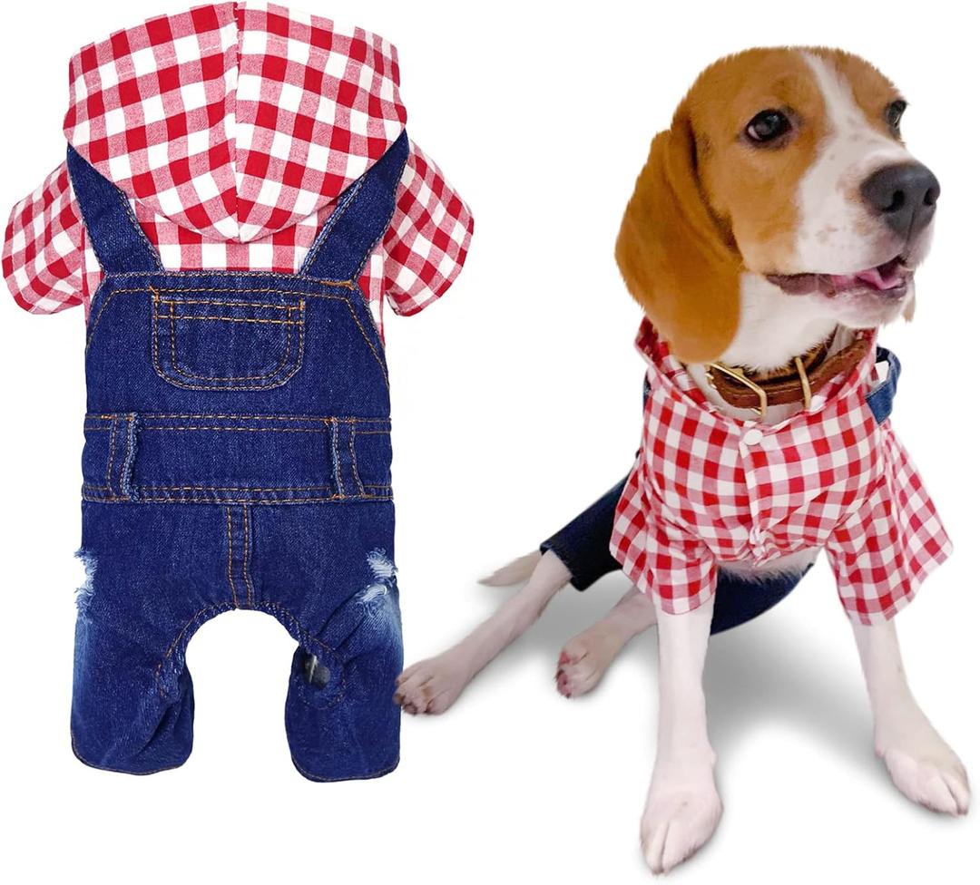 SILD Pet Denim Jumpsuit Dog Jeans Hoodies Cool Blue Coat Medium Small Dogs Classic Jacket Puppy Blue Vintage Washed Vests (XL, Red)