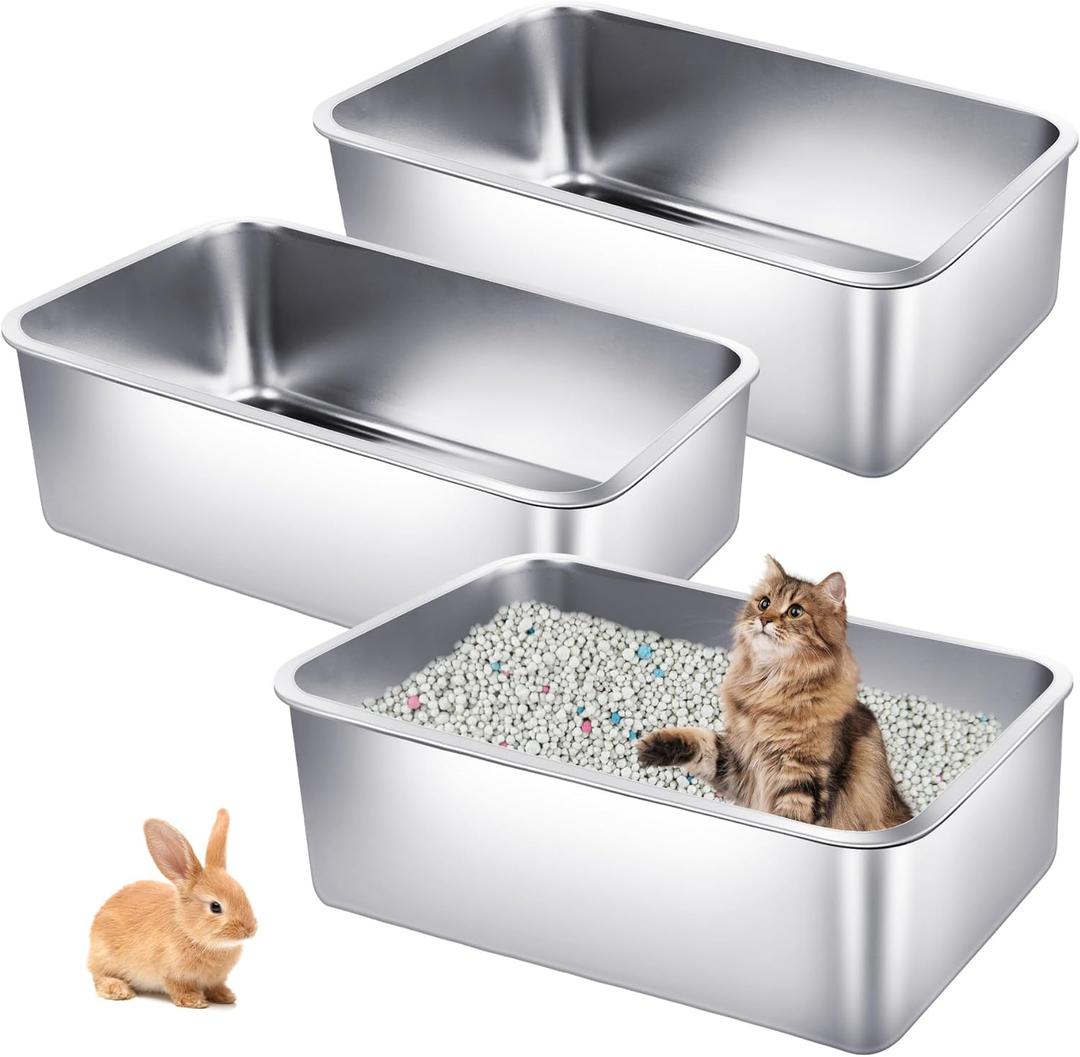 3 Pack Stainless Steel Cat Litter Boxes 23.6"L x 15.7"W x 5.9"H Extra Large Metal Litter Boxes with High Side Sturdy Aluminum Cat Litter Pans for Pet No Smell, Non Stick, Easy to Clean (XL)